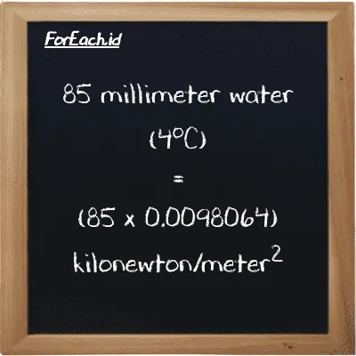 How to convert millimeter water (4<sup>o</sup>C) to kilonewton/meter<sup>2</sup>: 85 millimeter water (4<sup>o</sup>C) (mmH2O) is equivalent to 85 times 0.0098064 kilonewton/meter<sup>2</sup> (kN/m<sup>2</sup>)